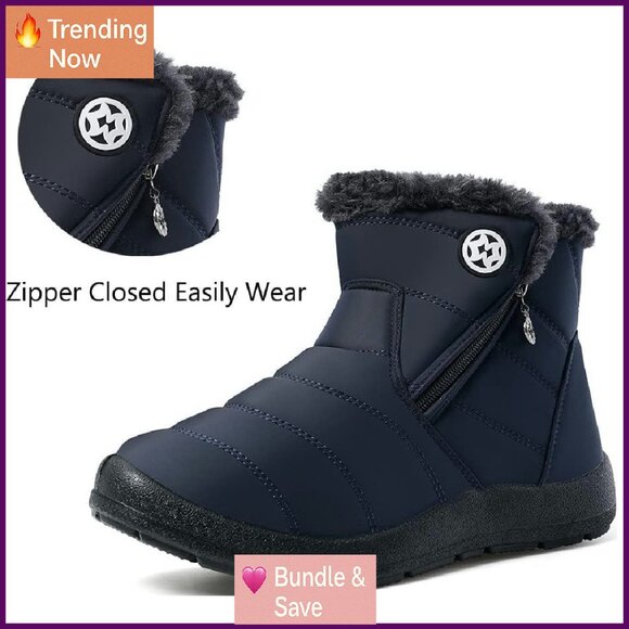 Women's Winter Ankle Boots Water Resistant Fur Lined Zip Flat Sneakers - Picture 4 of 8